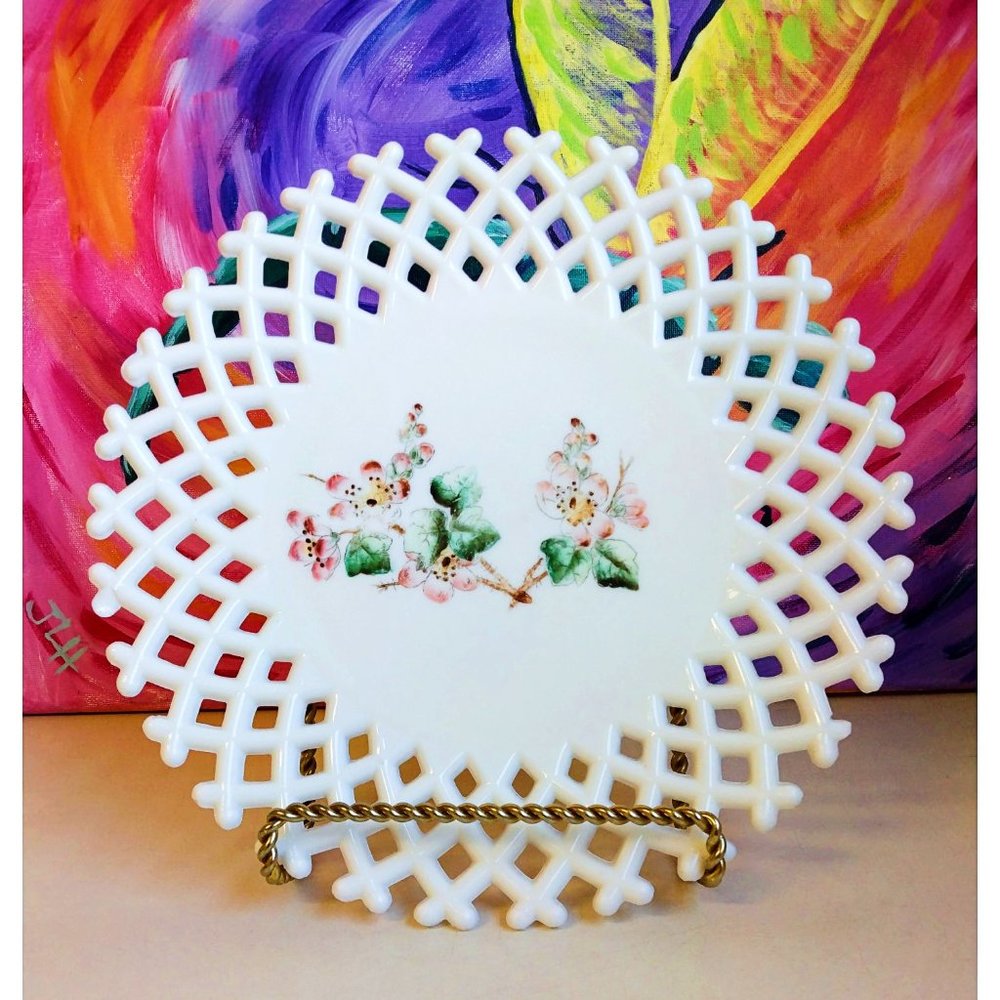SPINNING Antique Challinor Taylor MilkGlass Plate with Lattice Edge, RARE